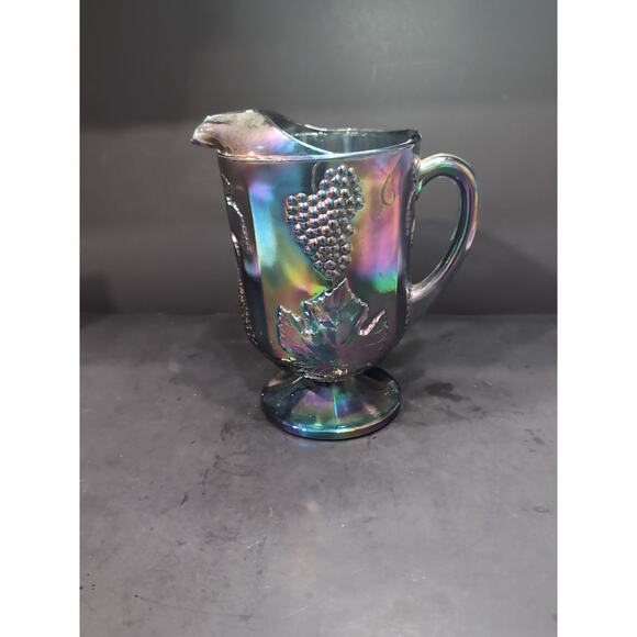 Imperial Grape Leaf Carnival Glass Pitcher, Cobalt‎ Glassware, Carnival Pitcher - Picture 3 of 9